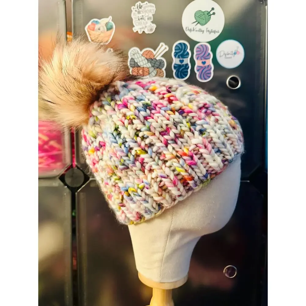 Hand Knit Merino Wool Beanie: Open Ridge Knit Hat with Faux Fur Pom